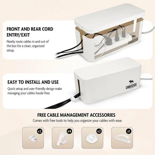 Alt view image 5 of 6 - DMoose Cable Management Box - 2 Pack Medium & Large Cord Organizer for Desk & Floor - Cable Organizer Box for Child & Pet - Cable Box Hider for Tidy Office & Home, Power Strip Cover (White, Pack of 2)