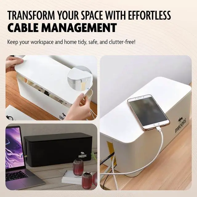 Alt view image 6 of 6 - DMoose Cable Management Box - 2 Pack Medium & Large Cord Organizer for Desk & Floor - Cable Organizer Box for Child & Pet - Cable Box Hider for Tidy Office & Home, Power Strip Cover (White, Pack of 2)