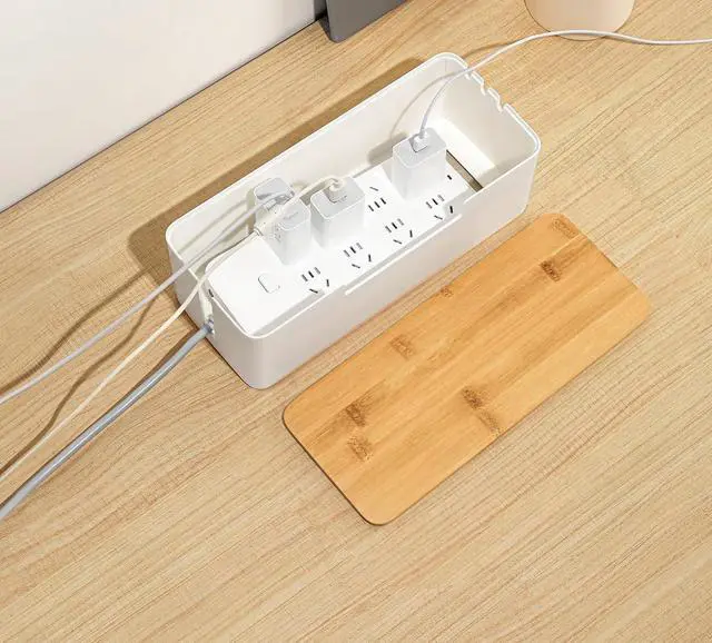 Main image of ABS Cord Organizer Box with Wooden Lid, Cable Management Box for Power Strips or Surge Protectors, Desk Cable Tidy Box for Office Home(White)