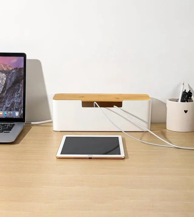 Alt view image 2 of 4 - ABS Cord Organizer Box with Wooden Lid, Cable Management Box for Power Strips or Surge Protectors, Desk Cable Tidy Box for Office Home(White)