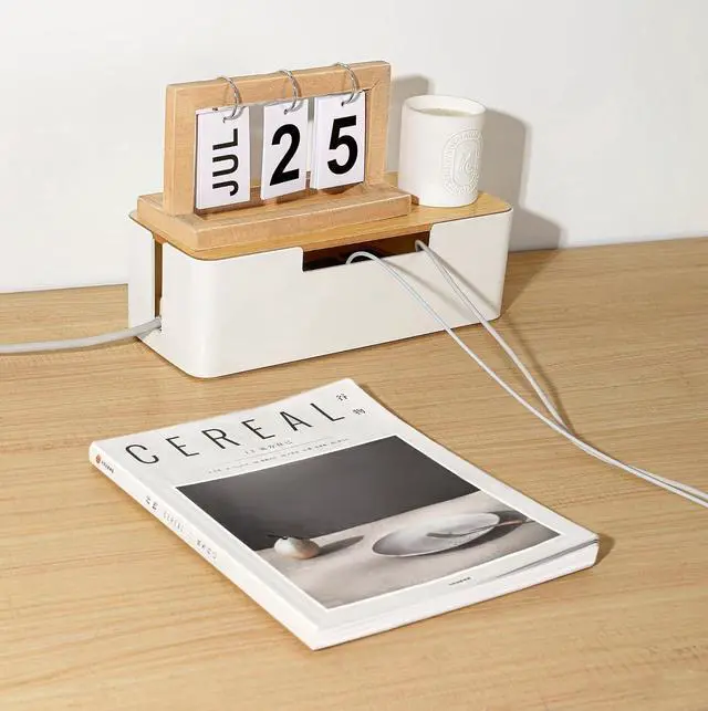 Alt view image 3 of 4 - ABS Cord Organizer Box with Wooden Lid, Cable Management Box for Power Strips or Surge Protectors, Desk Cable Tidy Box for Office Home(White)