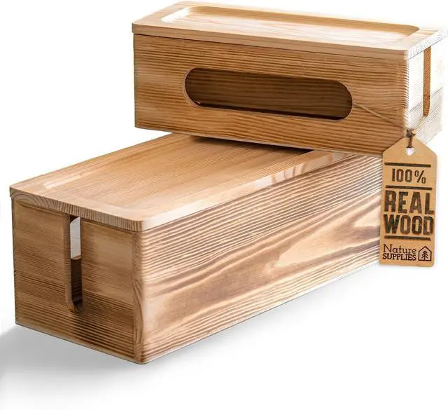 Main image of NATURE SUPPLIES Set of 2 Wooden Cable Management Boxes, Large and Medium Cord Organizer to Hide Wires and Power Strips for TV, Desk, Computer, Cable Storage and Organization, Dark Brown