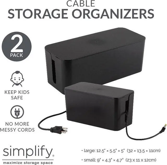 Alt view image 5 of 7 - Simplify 2 Pack Cable Organizer Box | Multi-sized | Hidden Storage with Lid | Chargers & Wires | Computer & TV Cords | Black