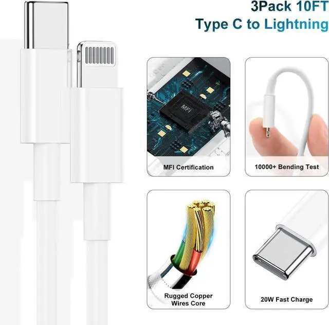 Alt view image 5 of 7 - for iPhone Charger Fast Charging 10 FT, Long USB C to Lighting Cable 10 Foot with 20W USB C Rapid Phone Charger Block, Compatible with iPhone 14 Pro/13Pro Max/12/11Pro/Mini, 3 Pack-White