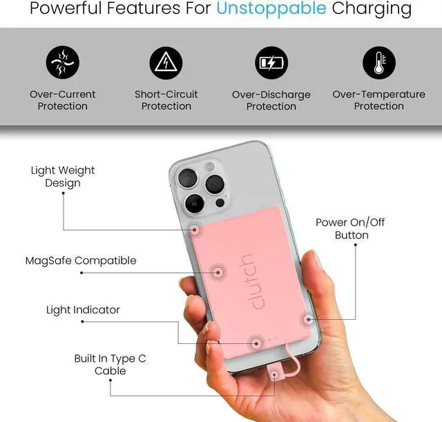 Alt view image 3 of 6 - Clutch - Pro USB-C Portable Charger - Compatible with iPhone 15, 16, 17 & Android Devices - Power Bank Magnetic Battery - TSA Travel Approved - USB Rechargeable - Built-in Cable - 5000 mAh - 3.7oz