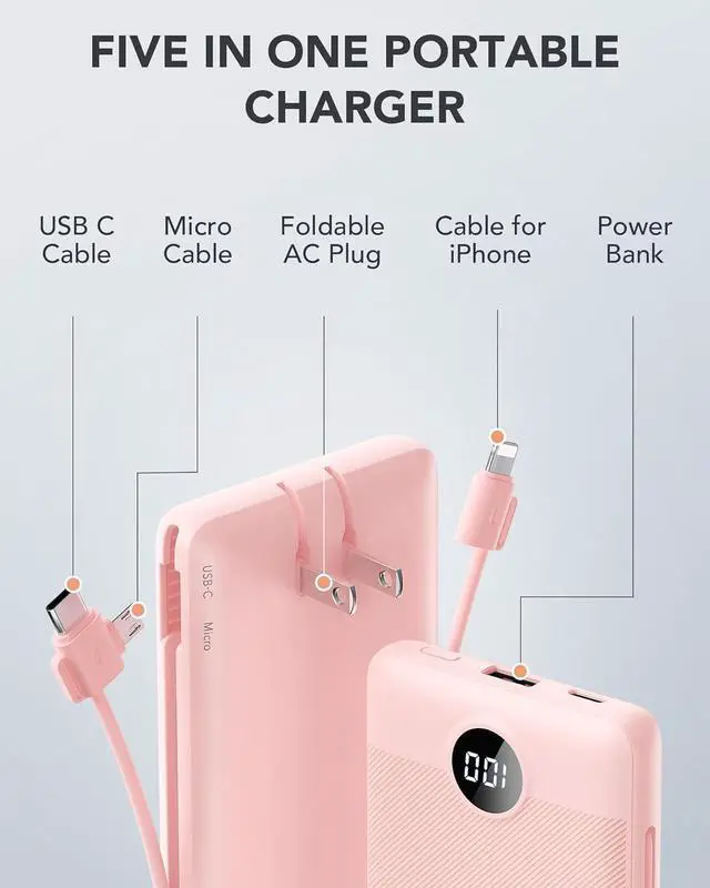 Alt view image 3 of 7 - VRURC Portable Charger Built-in Cables and AC Wall Plug, USB C Power Bank 10000mAh, Travel Essentials Phone Charger Compact Lightweight External Battery Pack for Smart Phones, Tablets etc-Pink