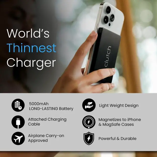 Alt view image 2 of 7 - Clutch - Pro USB-C Portable Charger - Compatible with iPhone 15,16, 17 & Android Devices - Power Bank Magnetic Battery - TSA Travel Approved - USB Rechargeable - Built-in Cable - 5000 mAh - 3.7oz