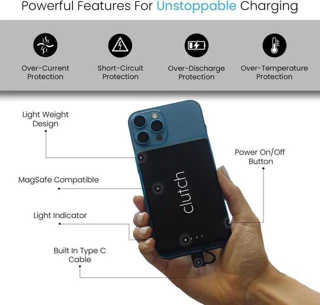 Alt view image 4 of 7 - Clutch - Pro USB-C Portable Charger - Compatible with iPhone 15,16, 17 & Android Devices - Power Bank Magnetic Battery - TSA Travel Approved - USB Rechargeable - Built-in Cable - 5000 mAh - 3.7oz