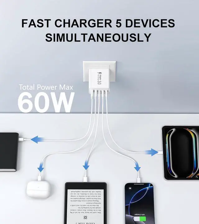Alt view image 2 of 7 - 2Pack USB C Fast Charger Block,60W 5-Port USB Wall Charger Brick,2 USB A & 3 USB C PD3.0 Power Adapter Multiport Type C Charging Plug for iPhone 16/15/14/13,Pad Mini/Pro,AirPods 4,GalaxyS23(White)