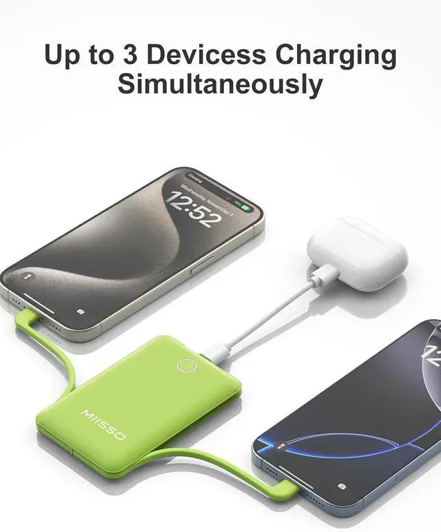 Alt view image 4 of 7 - 10000mAh Compatible with iPhone 15/16/17 (Only) Slim Portable Charger with Built in Cable, Power Bank Travel Charger External Battery Pack for Phone, 3 Output USB Type C Cord Clutch Charger, Green