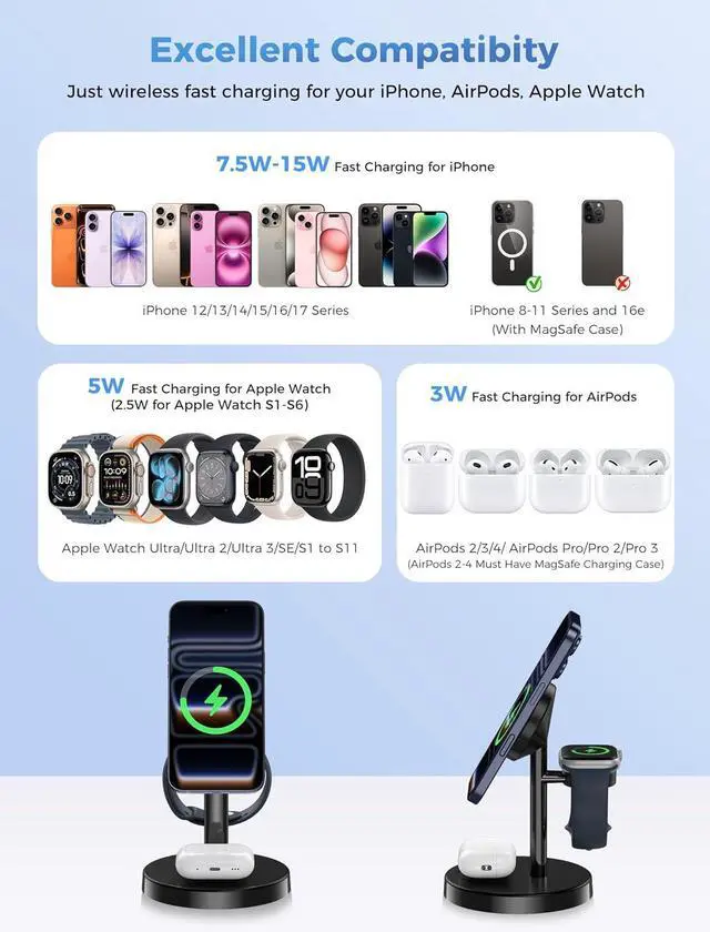 Alt view image 7 of 7 - 2025 3 in 1 Wireless Charging Station Compatible with MagSafe, 15W Fast Magnetic Mag-Safe Charger Stand for Apple iPhone 17 16 15 14 13 12 Series iWatch AirPods Pro 4 3 2, Black