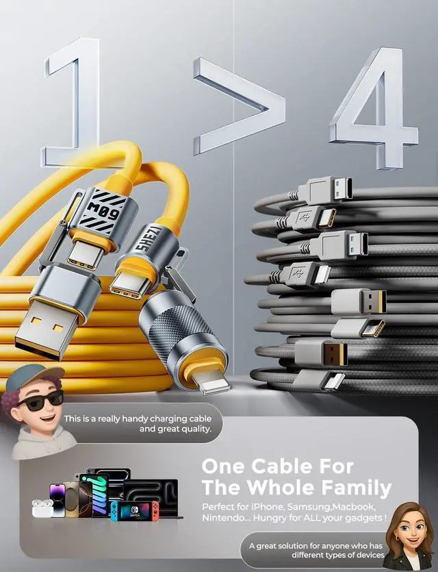 Alt view image 7 of 7 - 4 in 1 USB C Cable 60W Compatible With Lightning Cable Fast Charging & Data Transfer, Multi Charger Cord Combo for iPhone iPad Charger Wire with L/Type C/USB A for iPhone 16/15/Macbook, Yellow