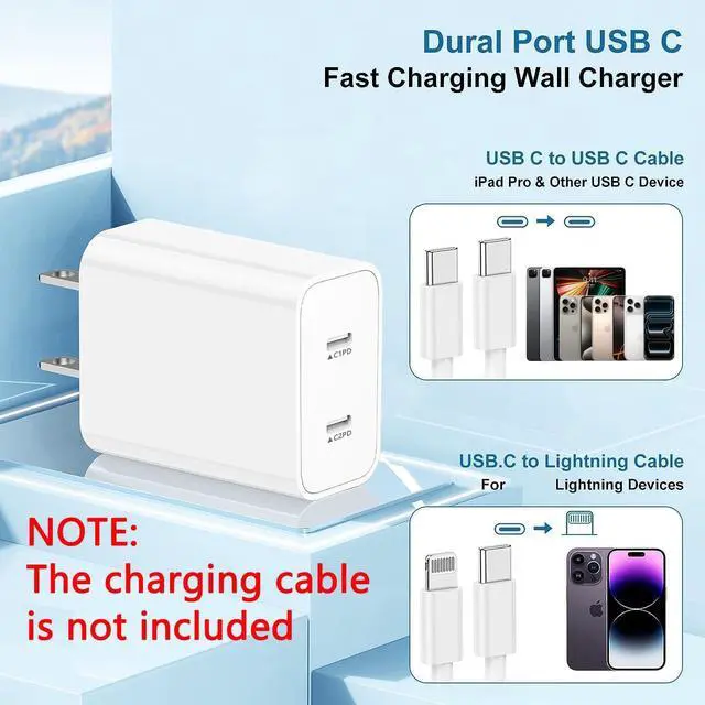 Alt view image 4 of 7 - USB C Fast Charger Block,USB C Charging Block 2-Pack Type C 2in1 Dual Ports Plug Wall Charger, Fast Type C Charger for iPhone 17 Pro Max/17 Pro/17 Air/16 Pro Max/15/14/13/12/11/Xs Max/XR/X,iPad