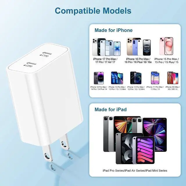 Alt view image 6 of 7 - USB C Fast Charger Block,USB C Charging Block 2-Pack Type C 2in1 Dual Ports Plug Wall Charger, Fast Type C Charger for iPhone 17 Pro Max/17 Pro/17 Air/16 Pro Max/15/14/13/12/11/Xs Max/XR/X,iPad