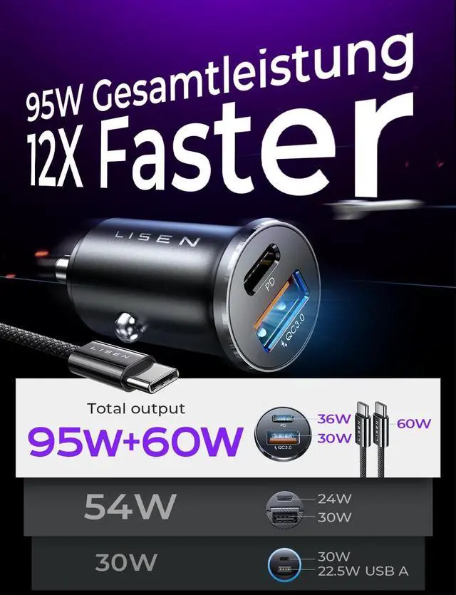 Alt view image 2 of 7 - LISEN for iPhone 17 Pro Max USB C Car Charger Fast Charging,Early Today 2025, PD 65W & QC 30W Car Charger USB C, All Metal Cigarette Lighter Adapter for iPhone 17 16 15 14