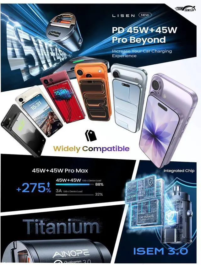 Alt view image 4 of 7 - for iPhone 17 Pro Max 16 15 14 90W Super Fast Car Charger USB C Fast Charge Invisible Cigarette Lighter Adapter [Mini&Metal] Type C Car Charger Fast Charging for  Galaxy S25 S24 Black