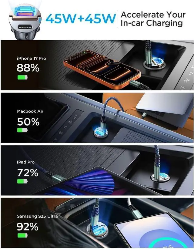 Alt view image 6 of 7 - for iPhone 17 Pro Max 16 15 14 90W Super Fast Car Charger USB C Fast Charge Invisible Cigarette Lighter Adapter [Mini&Metal] Type C Car Charger Fast Charging for  Galaxy S25 S24 Black