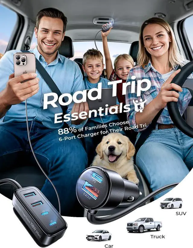 Alt view image 2 of 7 - AINOPE 108W USB C Car Charger with 6 Fast Charging Ports, Road Trip Essentials Cigarette Lighter Car Travel Essentials for Long Trips Kids for iPhone 16 15 Pro Max 14 iPad S24 S25 Hire Tablet 17