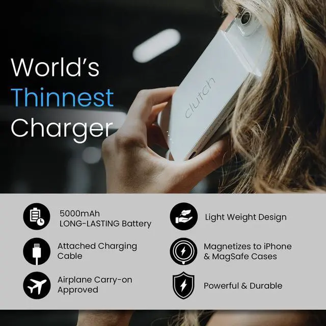Main image of Clutch Pro Portable iPhone Charger for Travel 5000 mAH TSA Approved Magnetic Airplane Safe Portable Charger only Compatible with iPhone 14 & Older Devices with Built-in Lightning Cable 3.7 oz - White