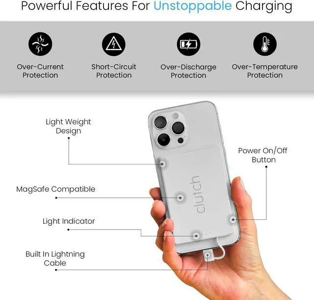 Alt view image 3 of 6 - Clutch Pro Portable iPhone Charger for Travel 5000 mAH TSA Approved Magnetic Airplane Safe Portable Charger only Compatible with iPhone 14 & Older Devices with Built-in Lightning Cable 3.7 oz - White