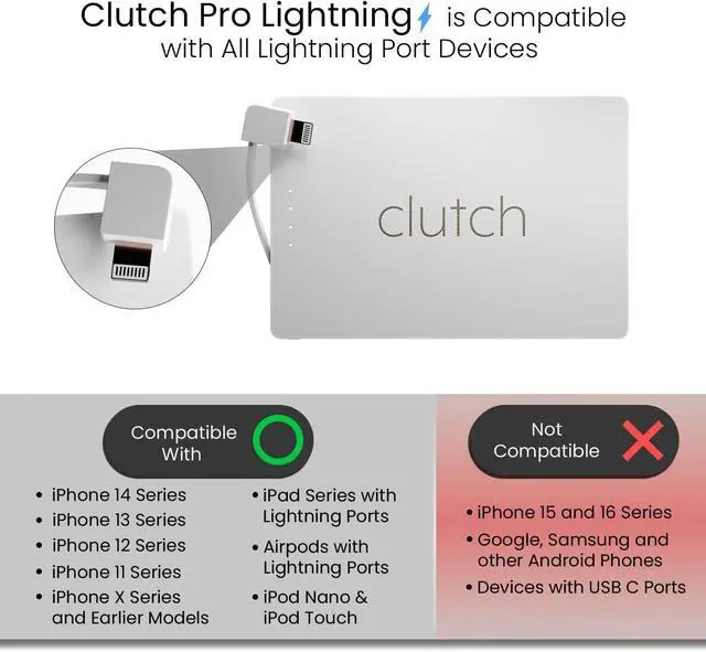 Alt view image 5 of 6 - Clutch Pro Portable iPhone Charger for Travel 5000 mAH TSA Approved Magnetic Airplane Safe Portable Charger only Compatible with iPhone 14 & Older Devices with Built-in Lightning Cable 3.7 oz - White