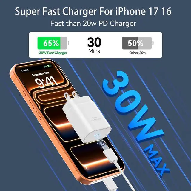 Alt view image 2 of 7 - iPhone 17 16 Pro Max Charger Fast Charging Block, 30W iPhone 17/16 Pro Max USB C Fast Charger with 10 FT Type C Fast Charging Long Cable Cord for iPhone 17 Pro Max/17 Pro/17/Air/16 Pro max/16 Pro/15