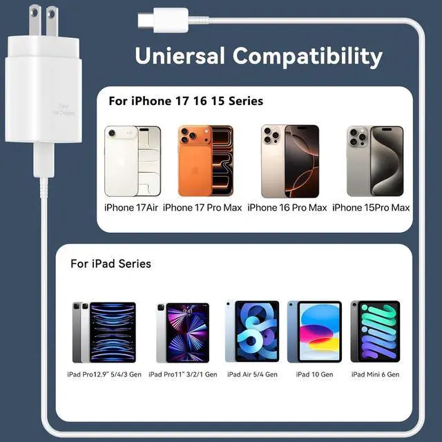 Alt view image 7 of 7 - iPhone 17 16 Pro Max Charger Fast Charging Block, 30W iPhone 17/16 Pro Max USB C Fast Charger with 10 FT Type C Fast Charging Long Cable Cord for iPhone 17 Pro Max/17 Pro/17/Air/16 Pro max/16 Pro/15