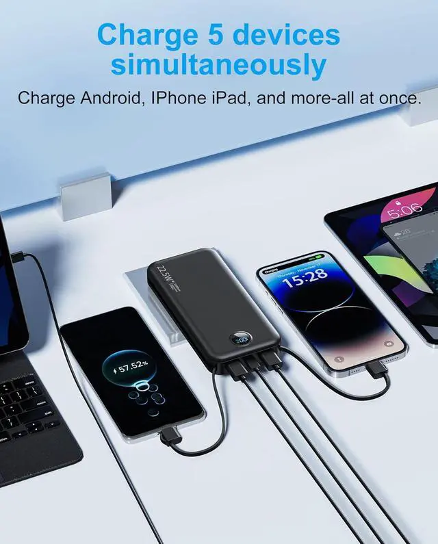 Alt view image 3 of 7 - Portable Charger, 12000mAh 22.5W Type C Fast Charging Power Bank with Built-in Cables & Wall Plug, External Battery Bank with LED Display, Travel Essential Battery Pack for iPhone, iPad, Samsung Black