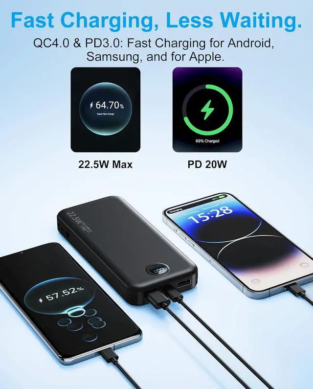 Alt view image 4 of 7 - Portable Charger, 12000mAh 22.5W Type C Fast Charging Power Bank with Built-in Cables & Wall Plug, External Battery Bank with LED Display, Travel Essential Battery Pack for iPhone, iPad, Samsung Black