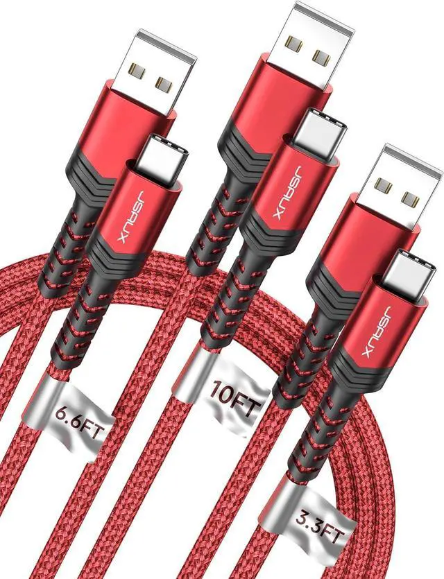 Main image of JSAUX USB C Cable Fast Charging, 3-Pack (10ft+6.6ft+3.3ft) USB A to Type C Charge Cord for iPhone 17/17 Pro/17 Pro Max, iPhone 16/16 Pro/16 Pro Max, Samsung Galaxy S21 S20 Note 20, USB C Charger(Red)