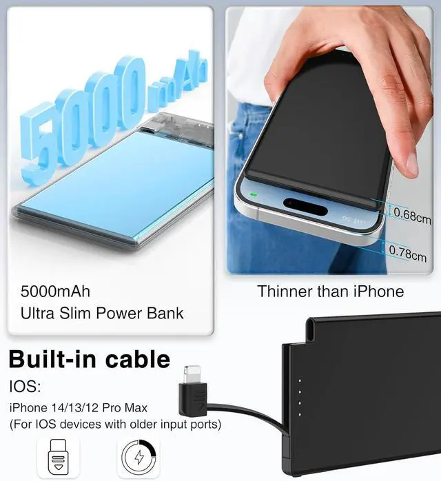 Alt view image 5 of 7 - Auskang Portable Charger for iPhone 14/13/12/11/X/8/7 Series- 5000mAh Lightning Connector Slim Power Bank Built in Cable-Thin Battery Pack Travel for Outdoor Travel (Not for iPhone 15 16 Device)
