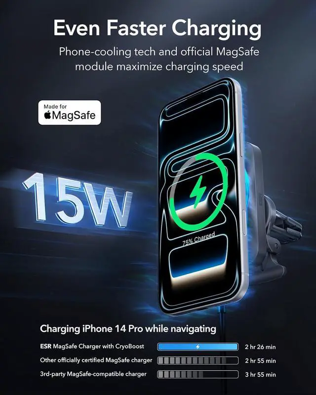 Alt view image 2 of 7 - ESR for 15W MagSafe Car Mount Charger with CryoBoost, Made for Apple-Certified, for MagSafe Car Mount, Magnetic Wireless Car Charger for iPhone 17/16/15/14/13/12, Fast Charging, Phone-Cooling Charger