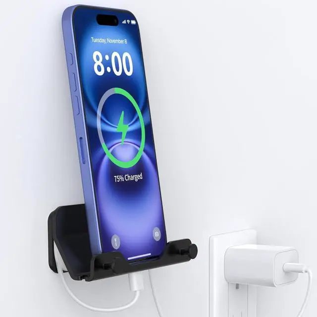 Main image of HomeMount Wall Mount Phone Holder - Hands-Free Adhesive Strip for Bedroom, Living Room, Kitchen - Compatible With All Phones or Mini iPad, Black