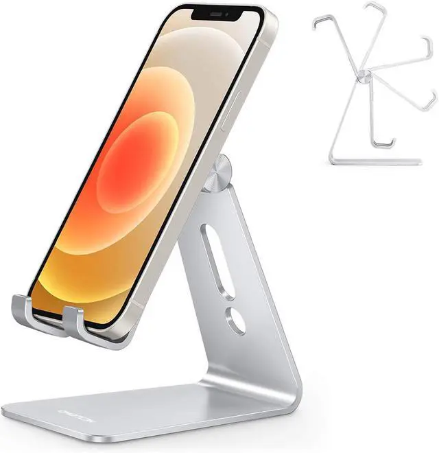 Main image of Adjustable Cell Phone Stand, OMOTON Aluminum Desktop Cellphone Stand with Anti-Slip Base and Convenient Charging Port, Fits All Smart Phones, Silver