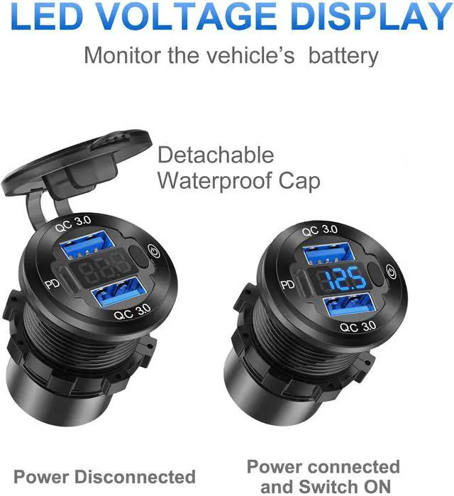 Alt view image 4 of 7 - 12V USB Outlet Wire Aluminum Car Charger Multi Port, Dual USB Quick Charge 3.0 Port and PD USB C Socket with Voltmeter Switch for Car Boat Marine Truck RV, Fast Charge for iPhone iPad Android Phones