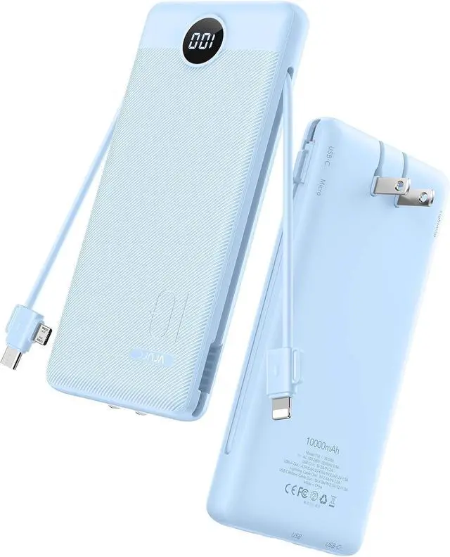 Main image of VRURC Portable Charger with Wall Plug and Cables, 10000mAh Power Bank with 22.5W Fast Charging USB Port,4 Outputs Dual Inputs Slim Compact Rechargeable Battery Pack Travel Accessories-Blue(1 Pack)