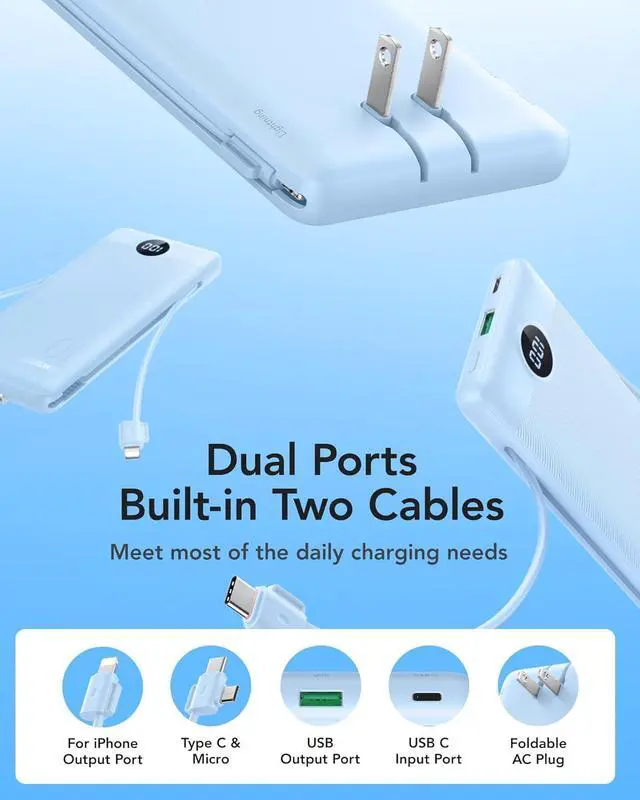 Alt view image 2 of 7 - VRURC Portable Charger with Wall Plug and Cables, 10000mAh Power Bank with 22.5W Fast Charging USB Port,4 Outputs Dual Inputs Slim Compact Rechargeable Battery Pack Travel Accessories-Blue(1 Pack)