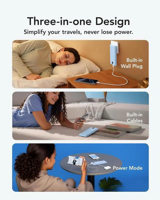 Alt view image 5 of 7 - VRURC Portable Charger with Wall Plug and Cables, 10000mAh Power Bank with 22.5W Fast Charging USB Port,4 Outputs Dual Inputs Slim Compact Rechargeable Battery Pack Travel Accessories-Blue(1 Pack)