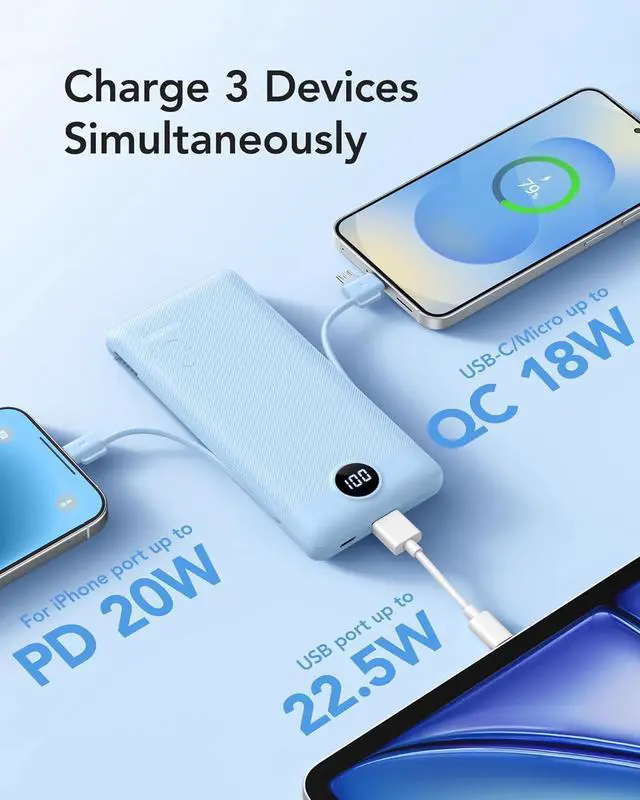 Alt view image 6 of 7 - VRURC Portable Charger with Wall Plug and Cables, 10000mAh Power Bank with 22.5W Fast Charging USB Port,4 Outputs Dual Inputs Slim Compact Rechargeable Battery Pack Travel Accessories-Blue(1 Pack)