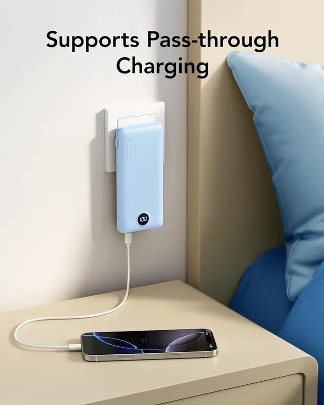 Alt view image 7 of 7 - VRURC Portable Charger with Wall Plug and Cables, 10000mAh Power Bank with 22.5W Fast Charging USB Port,4 Outputs Dual Inputs Slim Compact Rechargeable Battery Pack Travel Accessories-Blue(1 Pack)