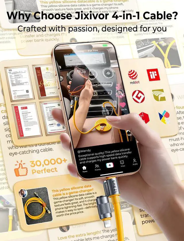 Alt view image 6 of 7 - 2025 Silicone 4-in-1 USB C Cable 100W Compatible with Lightning Cable Fast Charging & Data Transfer, Support to CarPlay & Android Auto, 5FT Multi Cord Combo Charger for iPhone/iPad