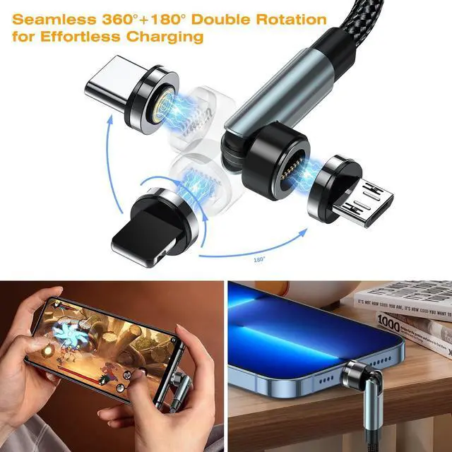 Alt view image 2 of 7 - 7-Pin Magnetic Charging Cable 2Pcs 360° Rotating 3 in 1 USB C Magnetic Phone Charger, 3A Fast Charging with Data Transfer for Android/i-Product/Micro/CarPlay-Grey