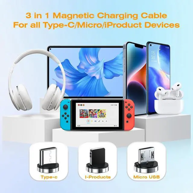 Alt view image 6 of 7 - 7-Pin Magnetic Charging Cable 2Pcs 360° Rotating 3 in 1 USB C Magnetic Phone Charger, 3A Fast Charging with Data Transfer for Android/i-Product/Micro/CarPlay-Grey