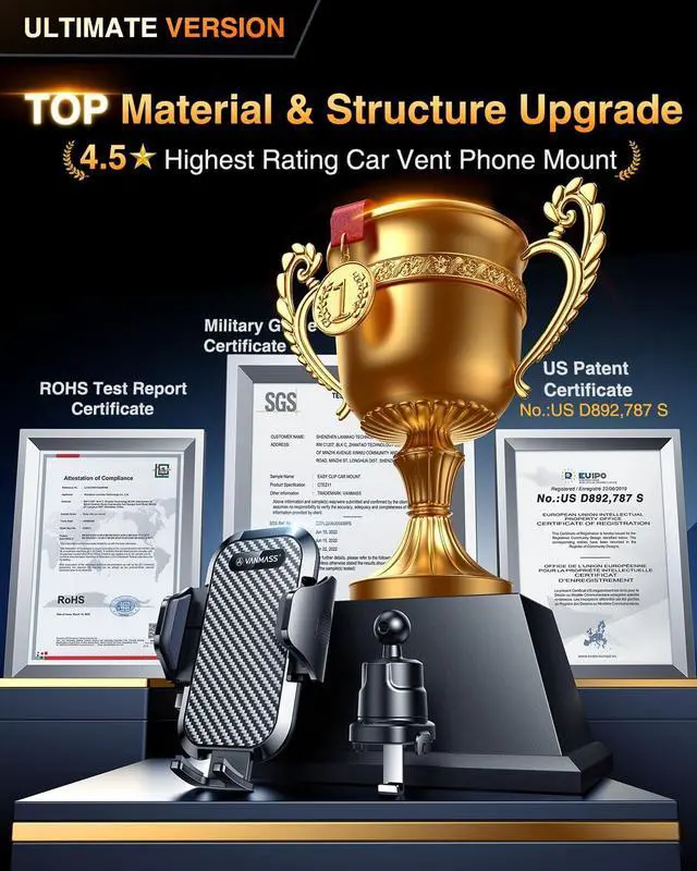 Alt view image 2 of 7 - VANMASS Car Phone Holder Mount 2025 Upgraded [Patent Steel-Hook] Car Vent Phone Mount Clip Military-Grade Shockproof Cell Phone Car Mount Handsfree Truck Stand Vent Cradle for iPhone 16 Android,Black