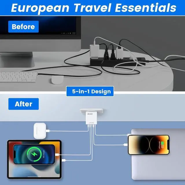 Alt view image 5 of 7 - European Travel Plug Adapter, Type C Charger Block PD 20W QC3.0 Fast Charging, 2 USB C 3 USB A Power Adaptor to Europe Compatible with iPhone 16 15 14 13 12 11 Pro Max XS XR X Plus, Galaxy
