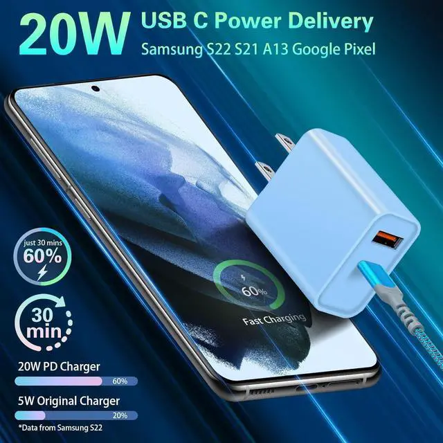 Alt view image 2 of 7 - Fast Charging Wall Charger with Right-Angle USB C Cable 10FT, 2-Pack 20W USB C Power Adapter Dual Port Fast Charger Block+3A C to C Cable Fit for iPhone 16/15,Samsung Galaxy S25 Ultra S24 S23 S10