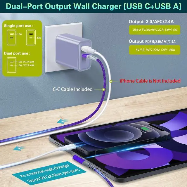 Alt view image 3 of 7 - Fast Charging Wall Charger with Right-Angle USB C Cable 10FT, 2-Pack 20W USB C Power Adapter Dual Port Fast Charger Block+3A C to C Cable Fit for iPhone 16/15,Samsung Galaxy S25 Ultra S24 S23 S10