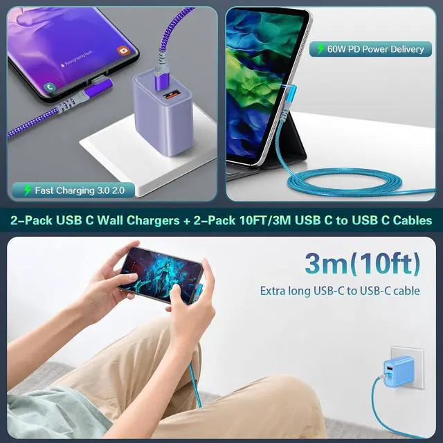 Alt view image 6 of 7 - Fast Charging Wall Charger with Right-Angle USB C Cable 10FT, 2-Pack 20W USB C Power Adapter Dual Port Fast Charger Block+3A C to C Cable Fit for iPhone 16/15,Samsung Galaxy S25 Ultra S24 S23 S10
