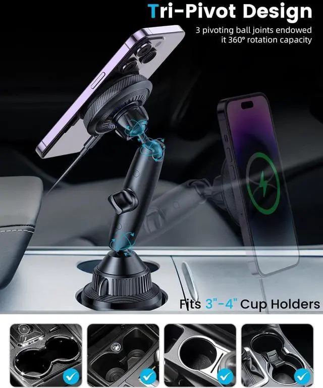 Alt view image 3 of 7 - APPS2Car for Magsafe Car Mount Charger Tri-Pivot Magnetic Wireless Cup Holder Phone Mount for Car Truck with Cooling Fan Fast Charging for iPhone 17 16 15 14 13 12 Series [with Car Adapter]