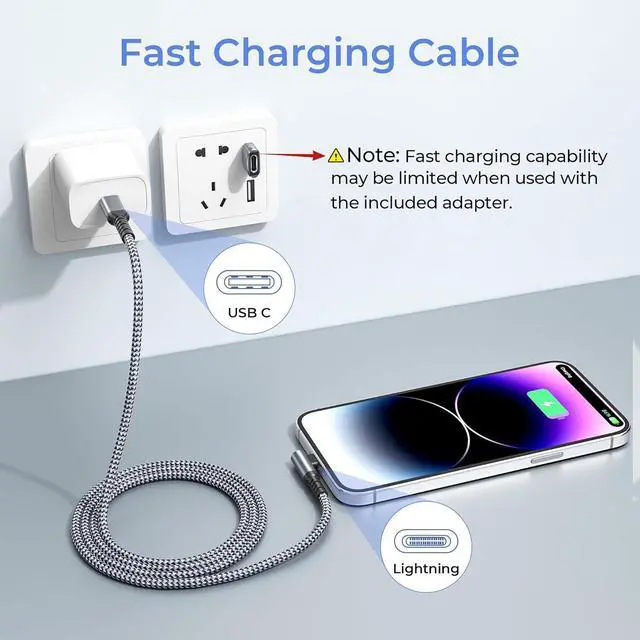 Alt view image 5 of 7 - Basesailor for Apple iPhone 14 13 Max Plus,Charger Cable Right Angle 3.3FT,90 Degree USB C to Lightning Cord with USB A Adapter,Fast Charging Power Cord for iPhone 12 11 XS XR X 8 7 6 SE,iPad 8th 9th